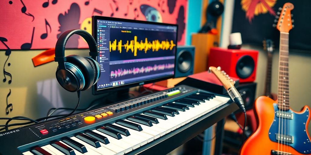 A music production workspace with instruments and headphones.