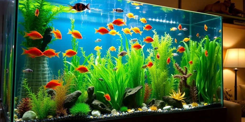 Large fish tank with colorful fish and plants.