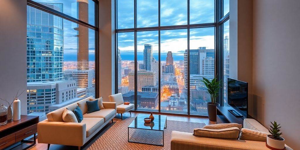 Modern Austin apartment interior with city views and smart features.
