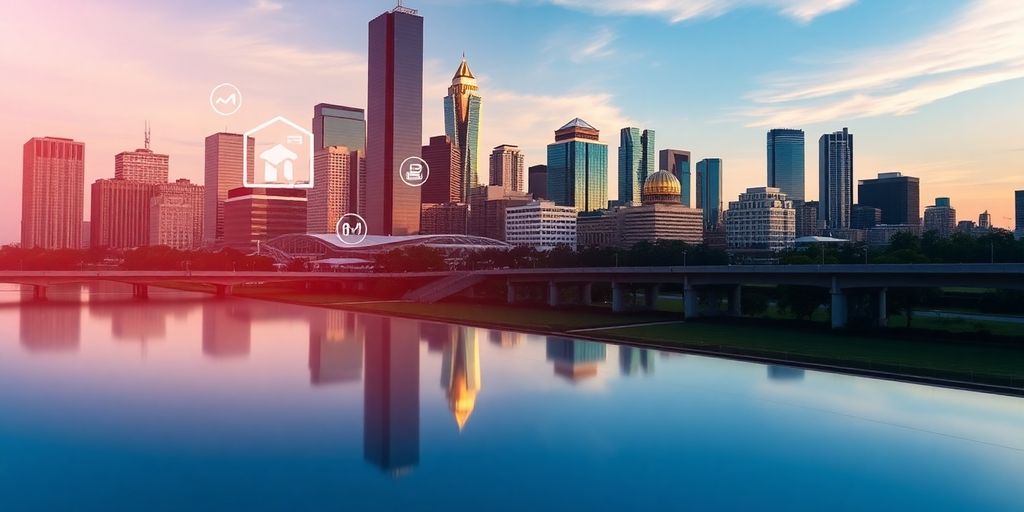 Dallas skyline with digital marketing elements.