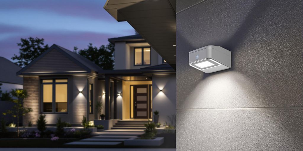 Modern home with motion sensor lights at dusk.