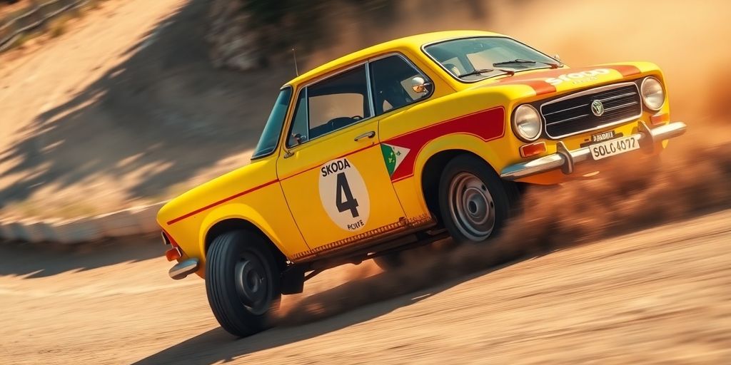 Vintage Skoda race car speeding on track.