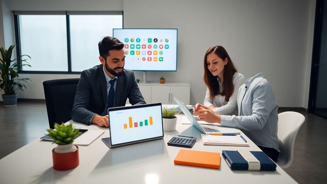 Two professionals with laptop, tablet, smartphone, calculator in modern office
