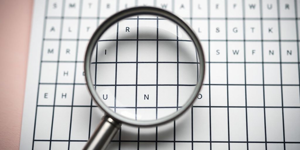 A magnifying glass over a crossword puzzle grid.