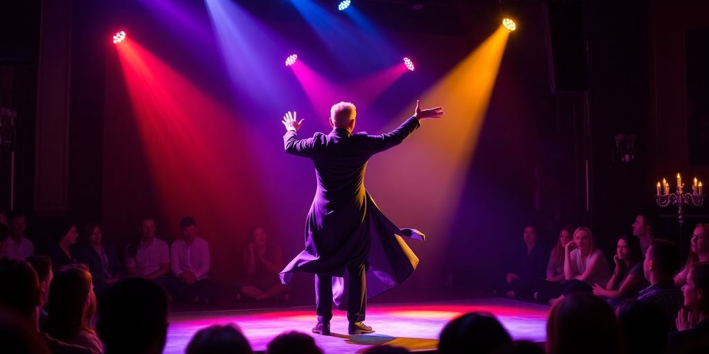 Magician performing an illusion on stage with audience.