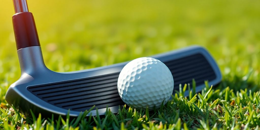 Golf clubs and ball on green grass.