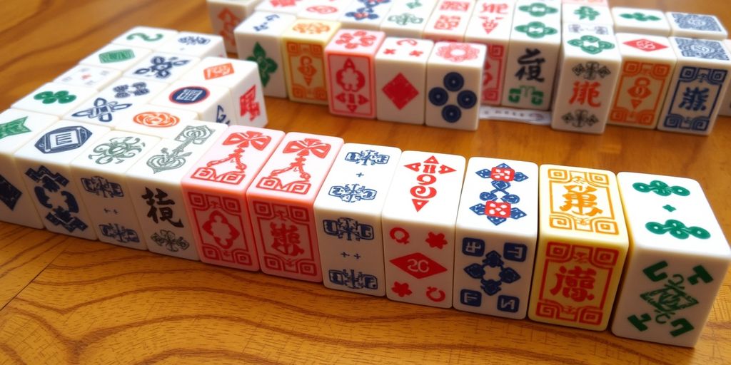 Colorful Mahjong tiles on a wooden table.