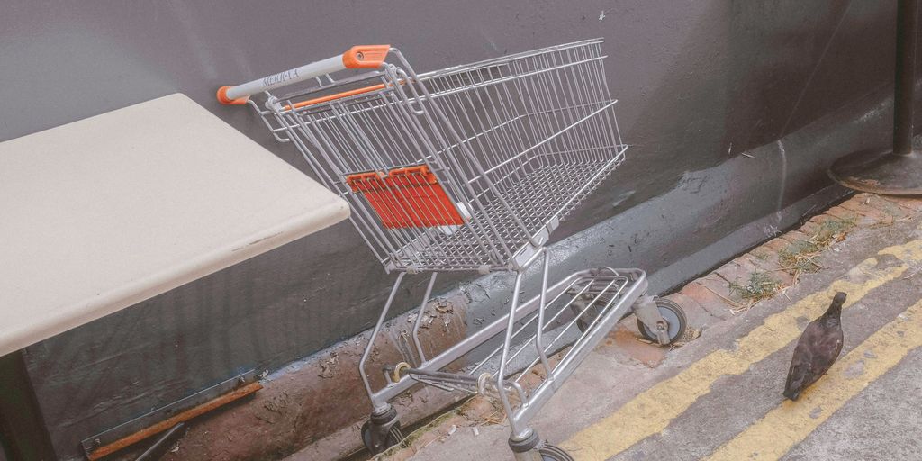 stainless steel shopping cart on gray concrete floor