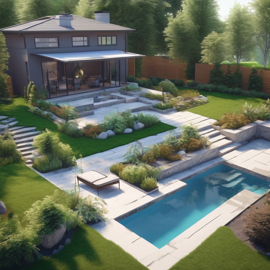 professional landscape designer planning garden layout with blueprints and tools