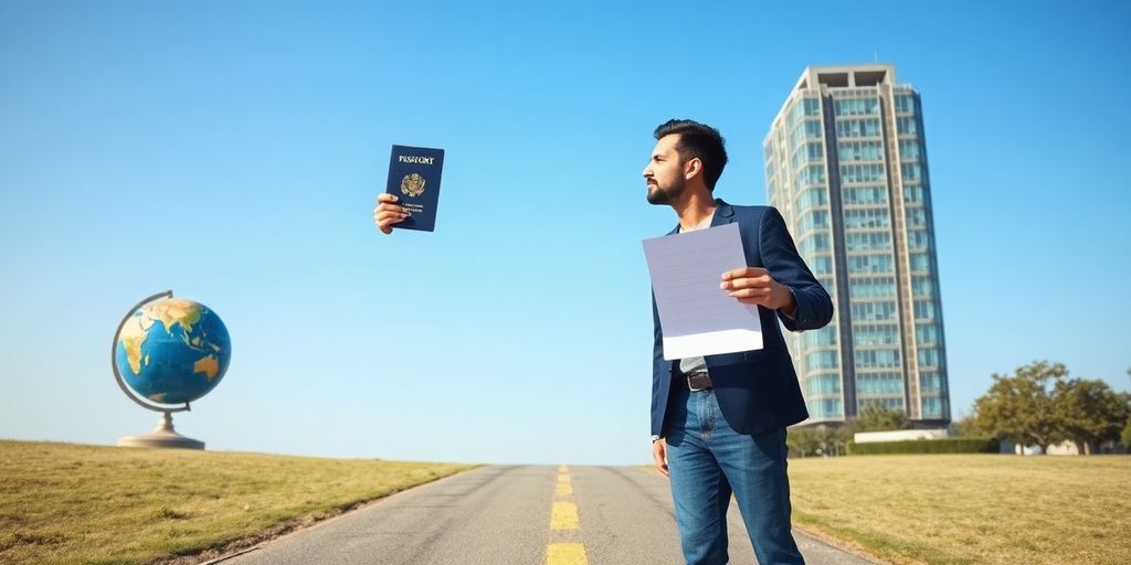 Passport, resume, and person considering them.