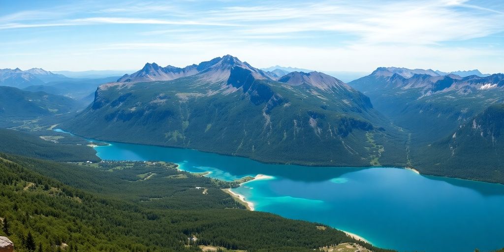 Vista panorámica de montaña española con lago.