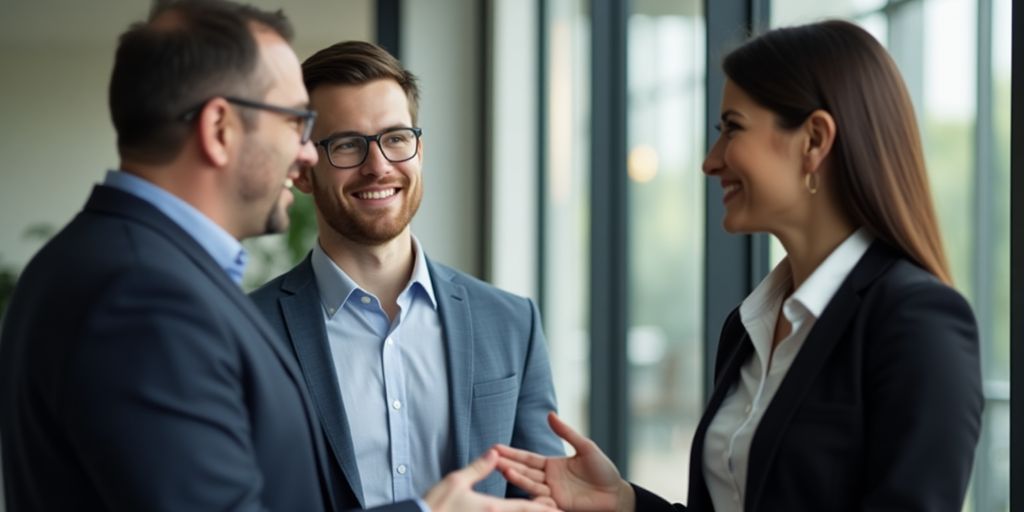 Colleagues discussing strategies in a modern office.