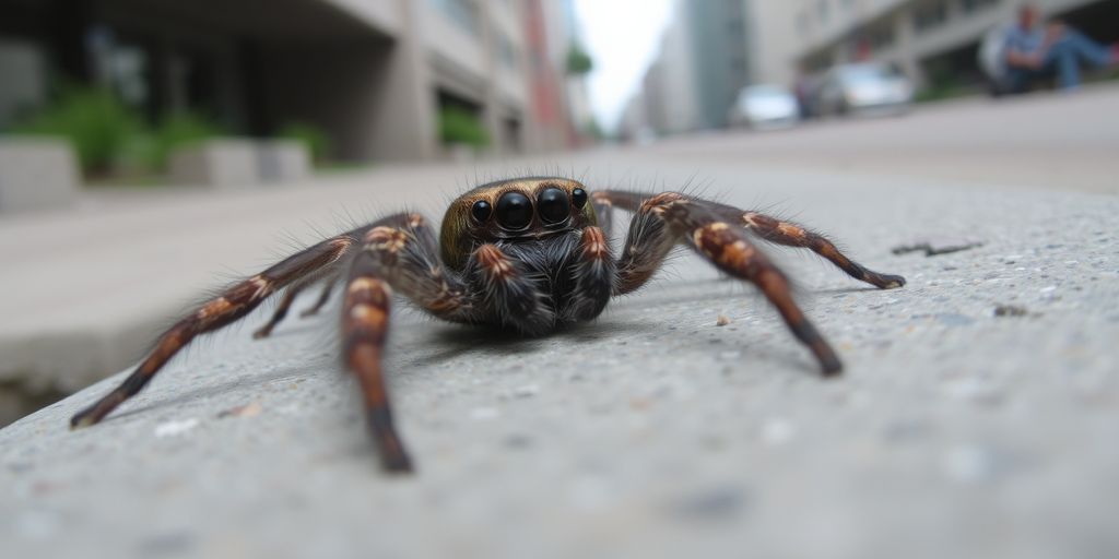 Wolf spider on concrete in urban area