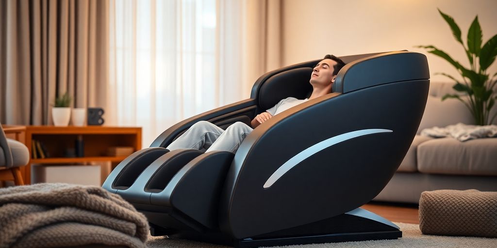 Person relaxing in a modern massage chair.