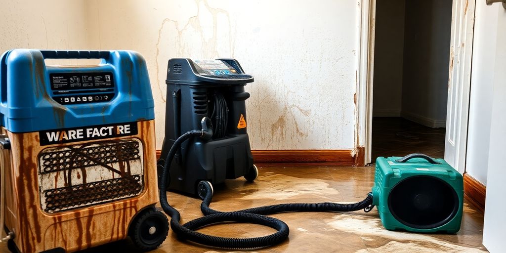 Water-damaged room with drying equipment and moisture visible.