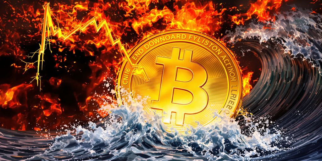 Digital coin falling sharply against a backdrop of turbulent forces.