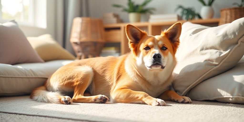 A calm dog resting in a peaceful room.
