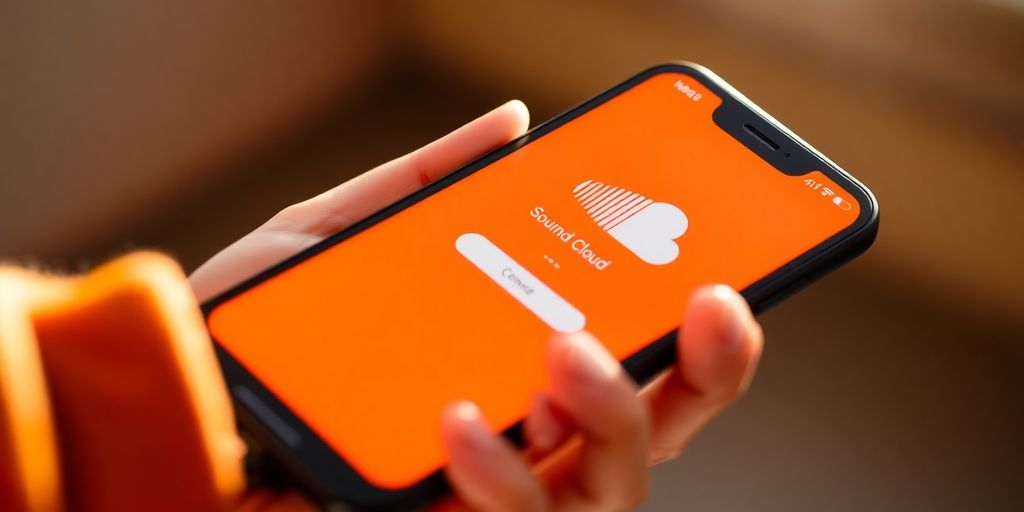 Person holding phone, SoundCloud login screen visible.