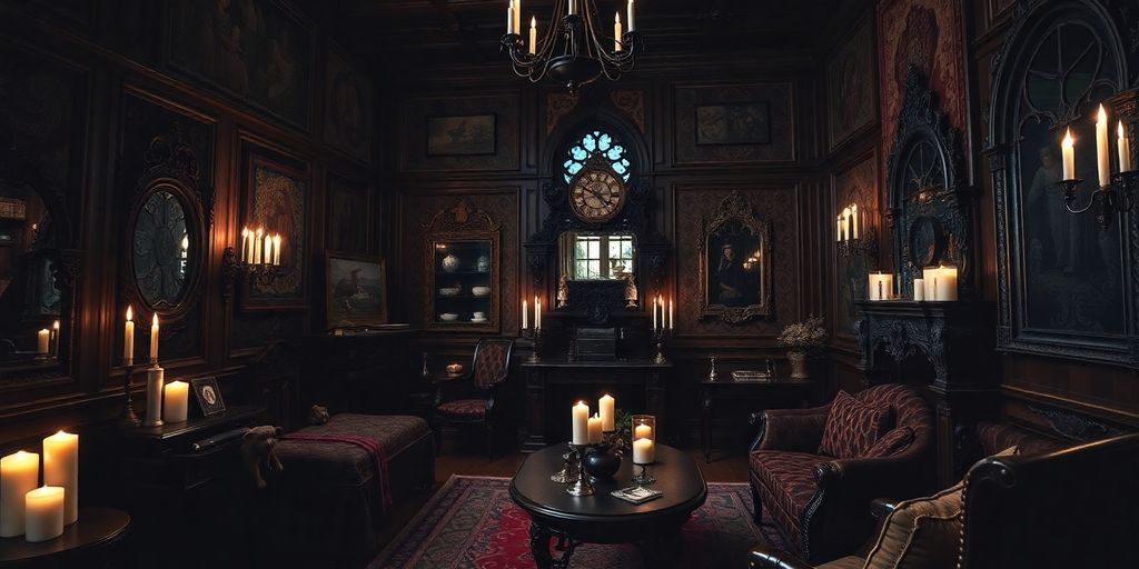 Gothic room with dark decor and ornate furnishings.