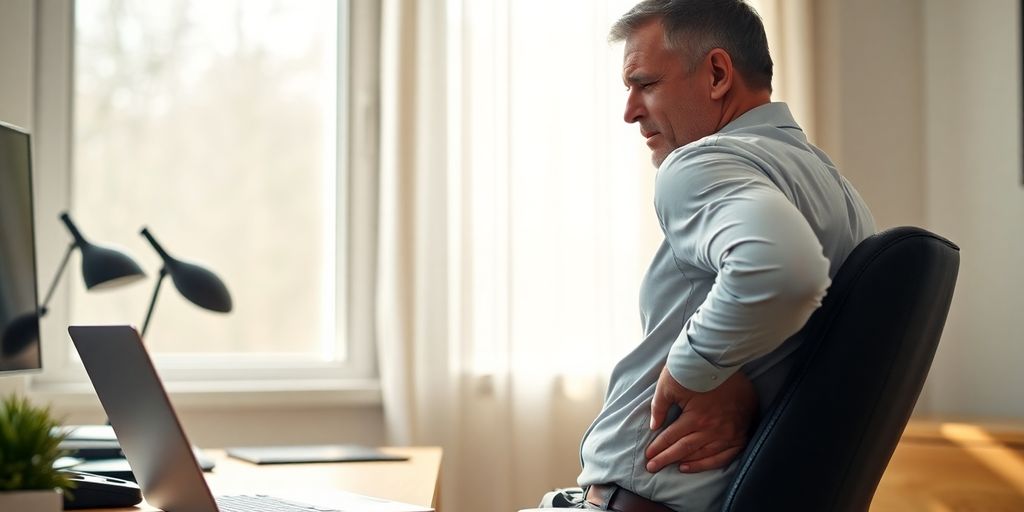 Why Ignoring Back Pain in Marietta Can Lead to Long-Term Problems 1 Man holding lower back while sitting at desk.