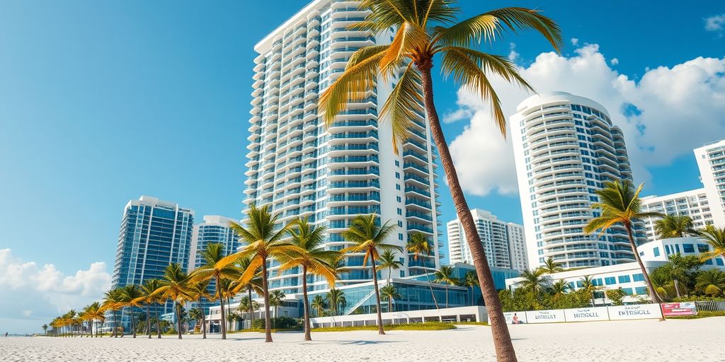Sunny Isles Beach with luxury condos and palm trees.