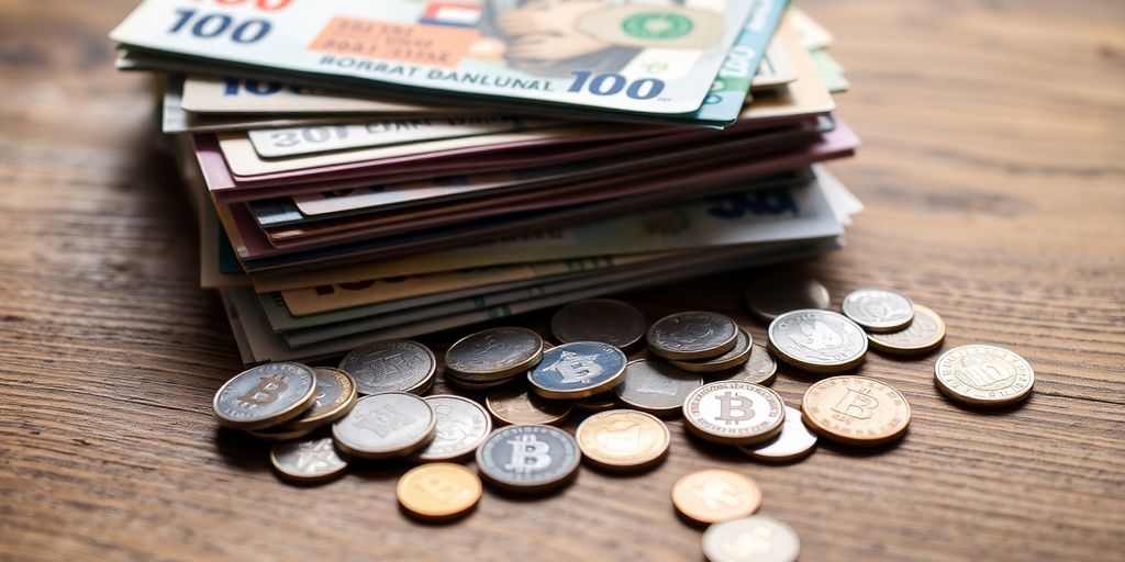 Billets et pièces de monnaie variés sur une table en bois.