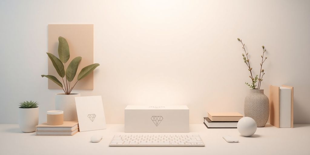 Minimalist branding in a clean, professional workspace.