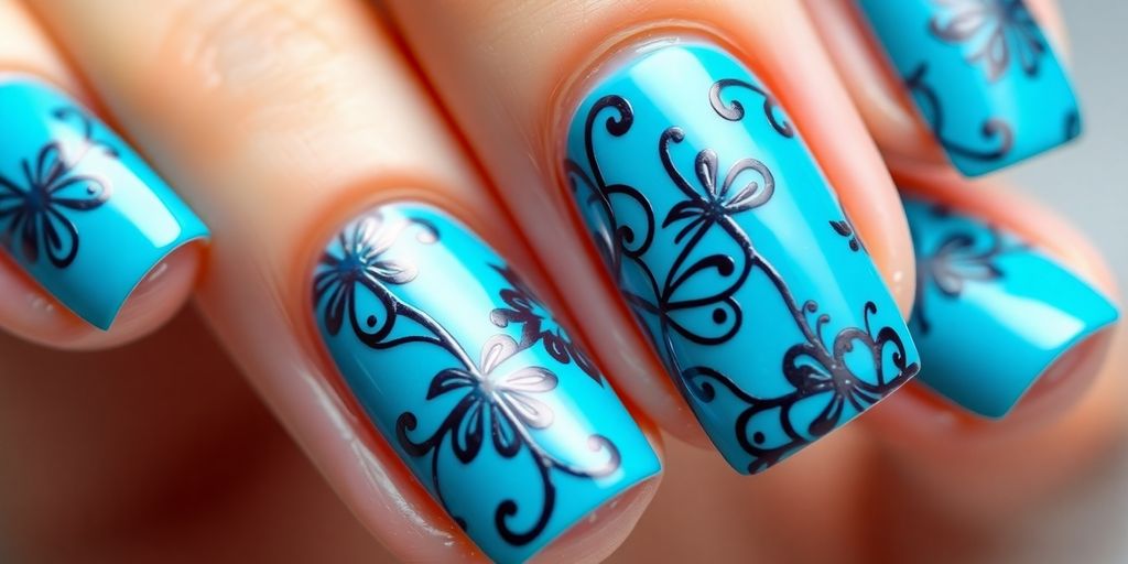 Unhas decoradas em azul-petróleo com designs criativos.
