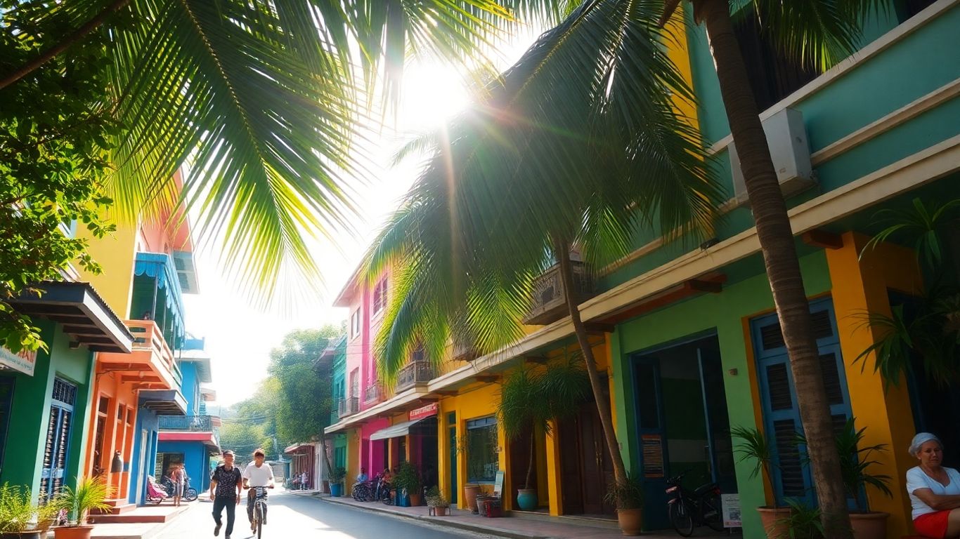 Colourful street in Phuket with palm trees and local life.