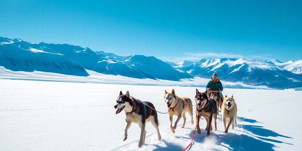 A team of huskies pulls a sled across a glacier.