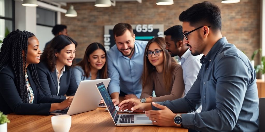 Ljudi u poslovnom okruženju koriste AI alate za saradnju.