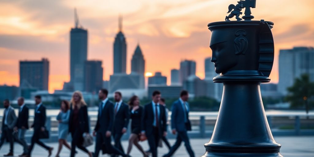 Jacksonville skyline, knight chess piece, business people