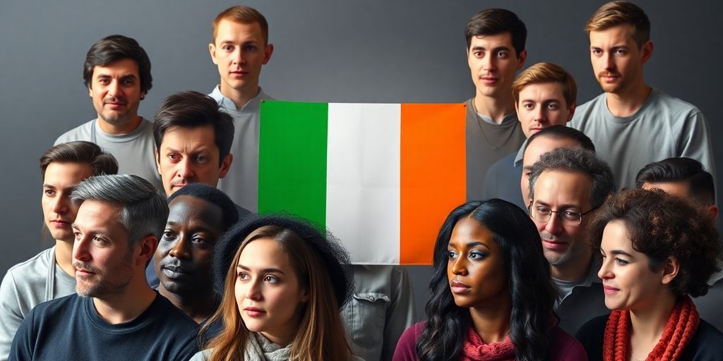 Irish flag beside diverse people exchanging money.