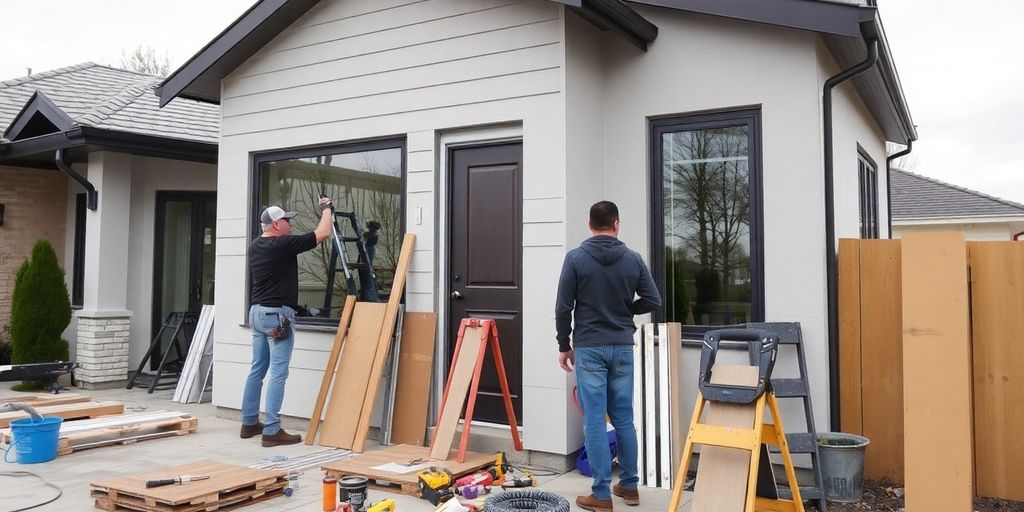Workers restoring property with tools in a bright environment.