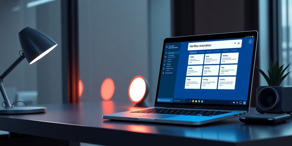High-tech workspace with AI assistant and modern desk setup.