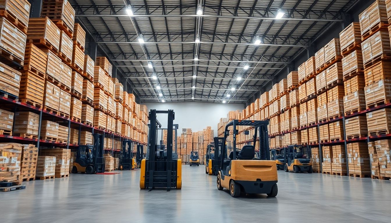 Warehouse interior with stacked pallets and forklifts.