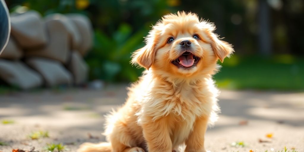 Happy puppy learning commands with trainer.