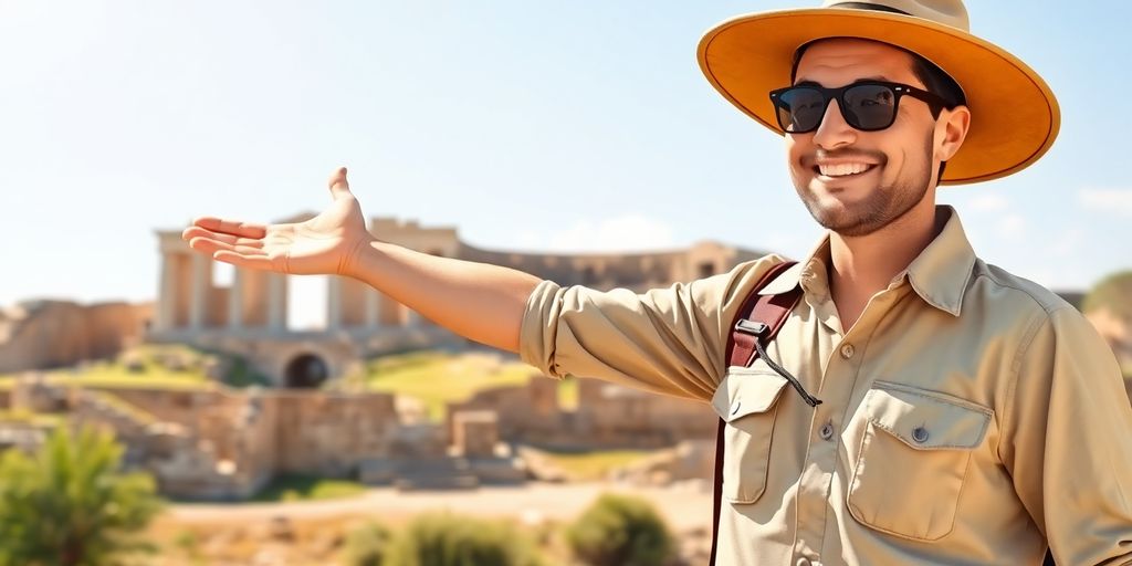 Tour guide smiling, pointing towards ancient ruins