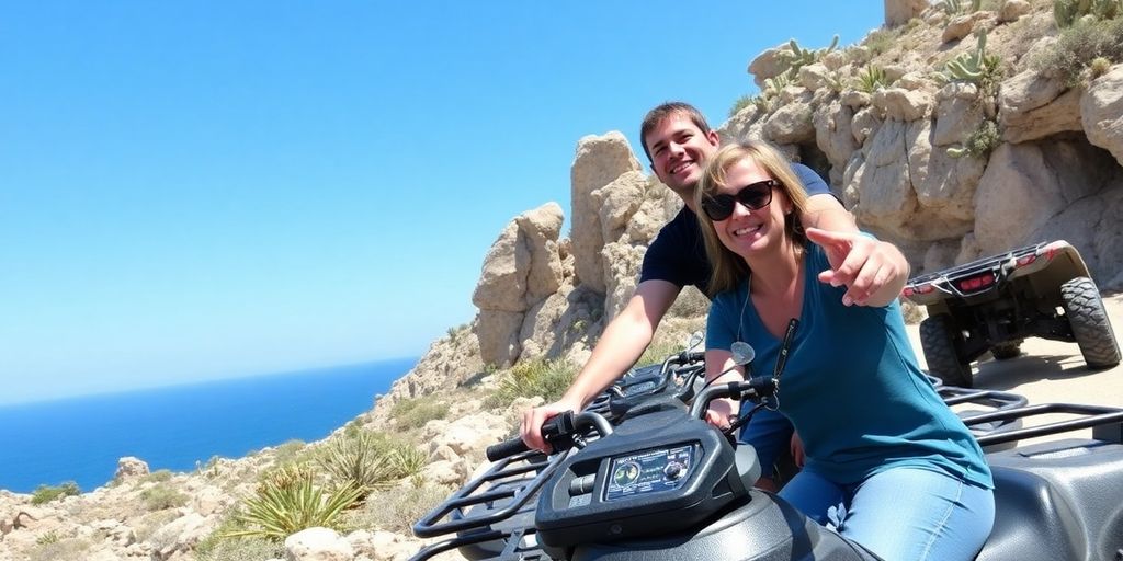 Couple enjoying ATV ride in Cabo desert.