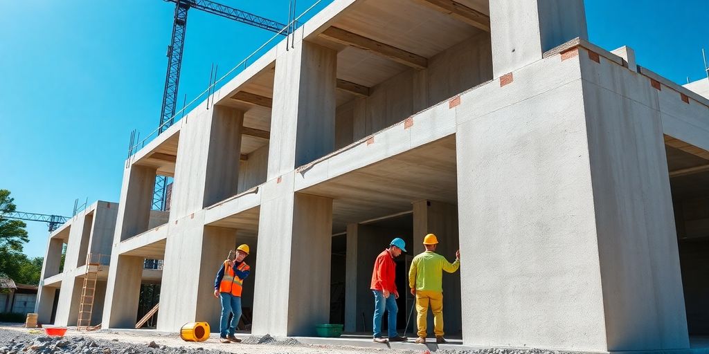 Construction workers using concrete foam in sustainable building.