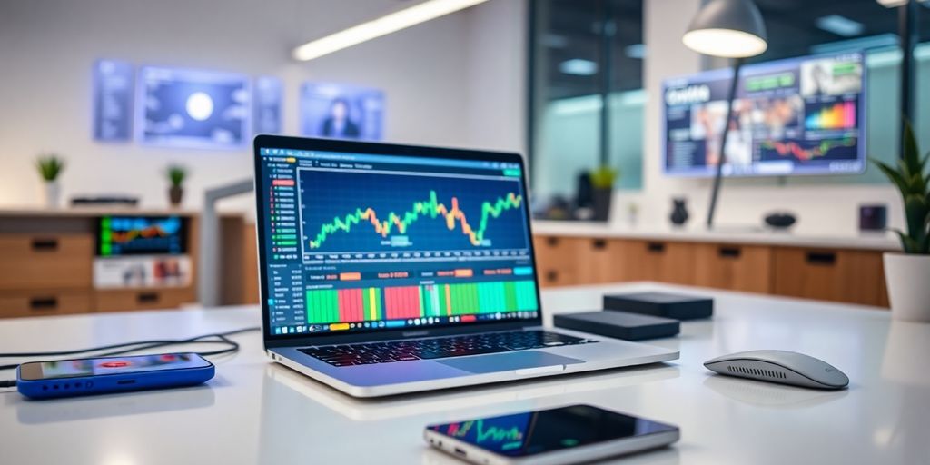 Modern workspace with laptop and cryptocurrency devices.