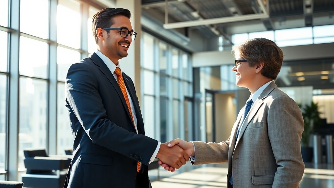 Professional handshake in a bright, modern office.