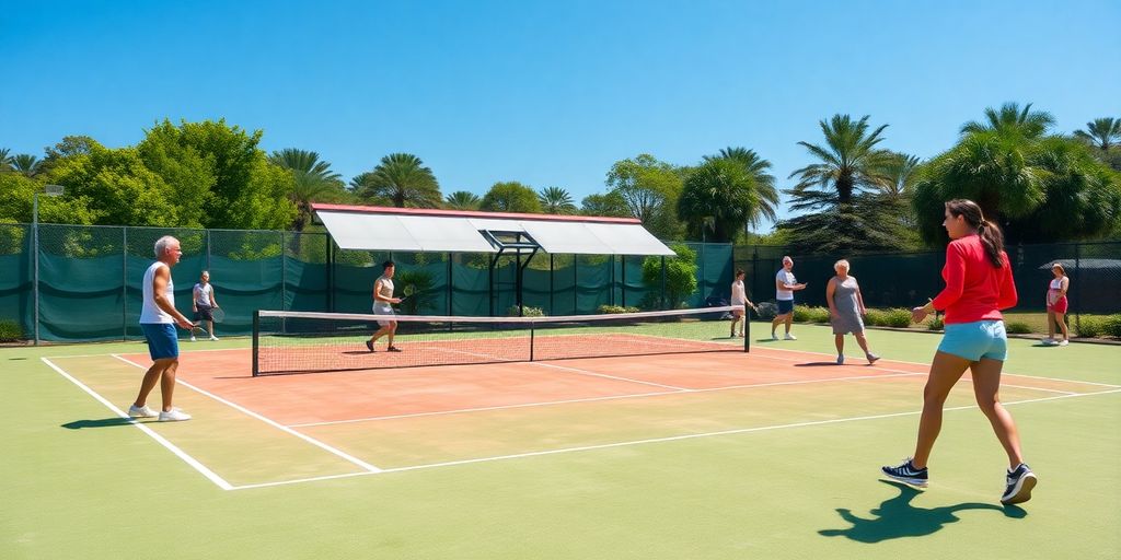 Persone che giocano a tennis su un campo verde.