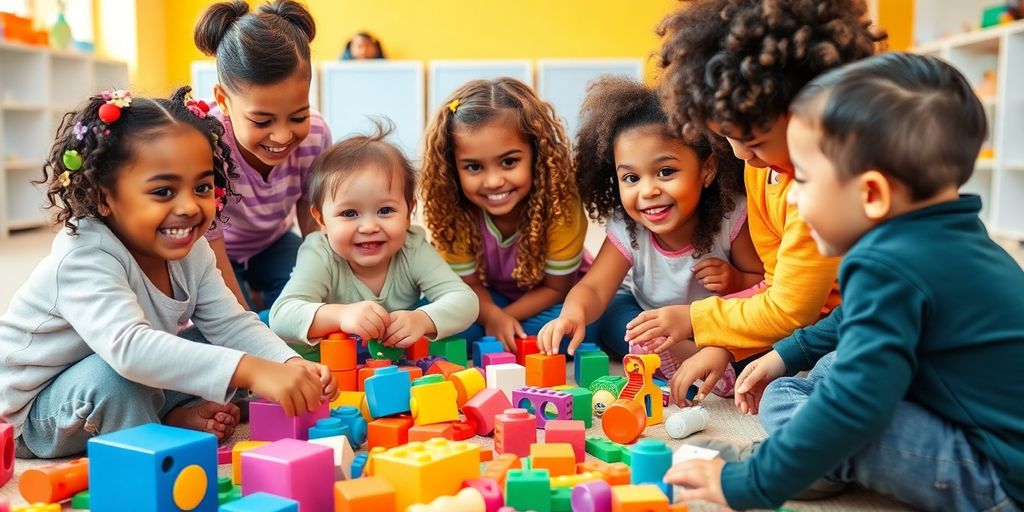 Barn leker med fargerike pedagogiske leker.