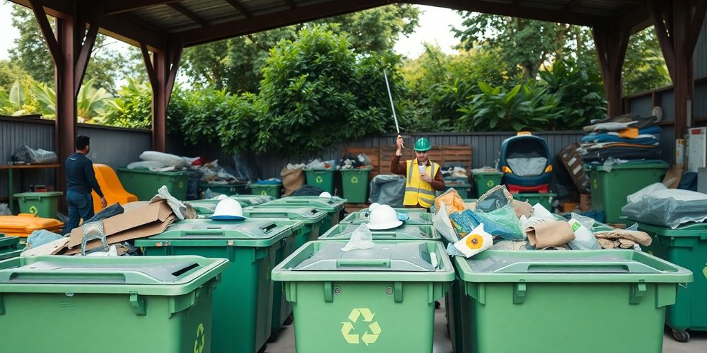 Eco-friendly junk disposal site with workers and recycling bins.