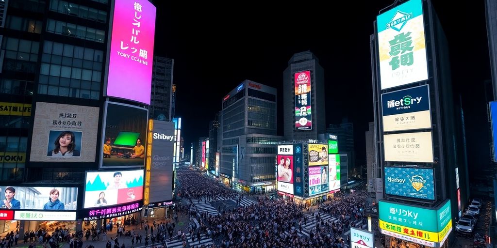 Tokyo's busy Shibuya Crossing at night with bright neon lights.
