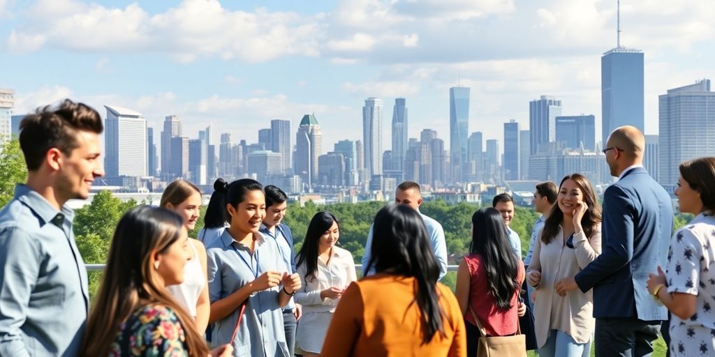 Diverse professionals collaborating in a modern outdoor setting.