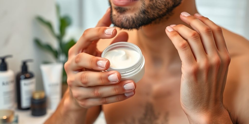 Man applying firming face cream in a luxurious bathroom.