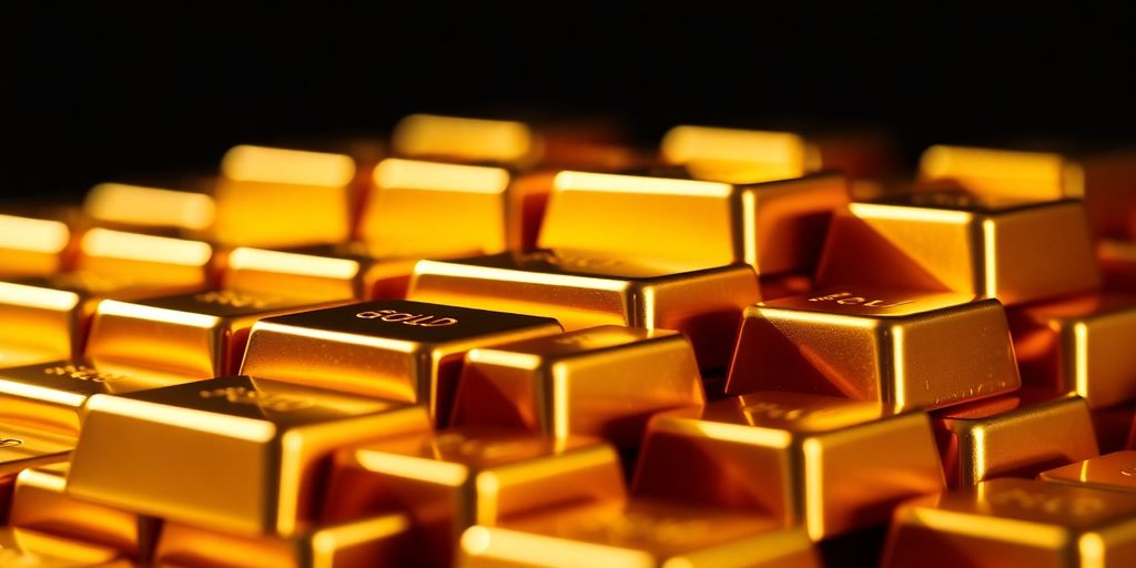 Barres d'or brillantes empilées sur un fond sombre.