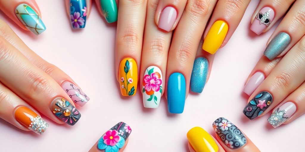 Unhas decoradas em diferentes estilos e cores.
